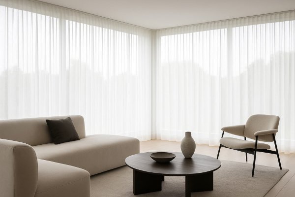 voorbeeld van de lichtdoorlatendheid in een woonkamer met semi-vitrage gordijnen