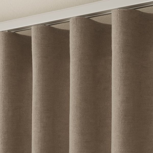 ophangsysteem-gordijnen-wave-plooi-afwerking (2) Voorbeeld van ophangsysteem wave gordijnen, close up van wave op rails.