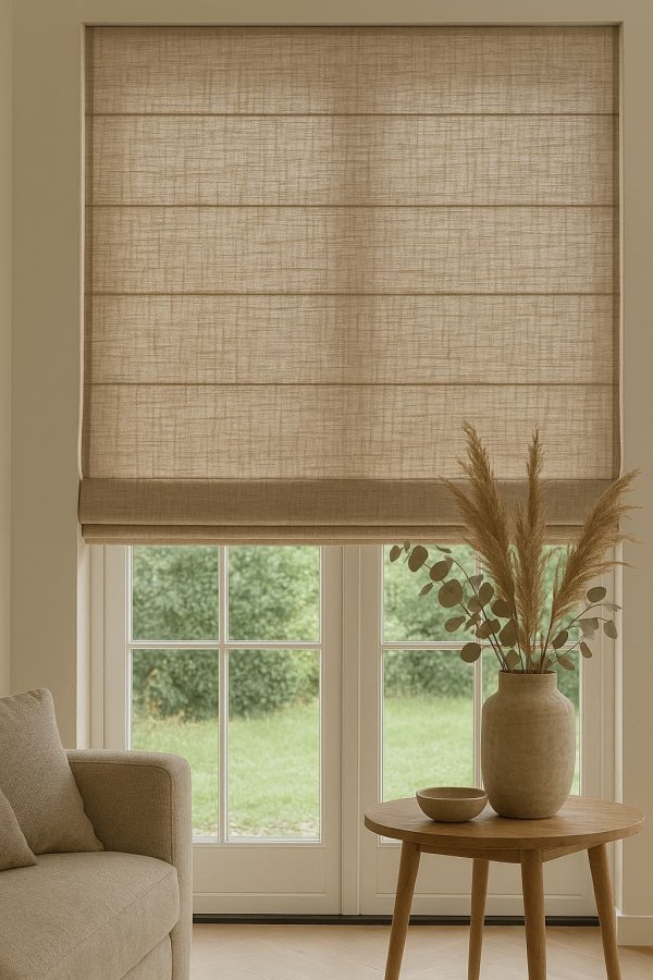 Soft taupe vouwgordijnen die het interieur een warme, zachte uitstraling geven. sfeer beeld in moderene woonkamer