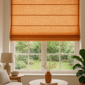 Interieur met vouwgordijnen in warme terratinten sfeerbeeld van de terra vouwgordijnen uit de saphira lijn
