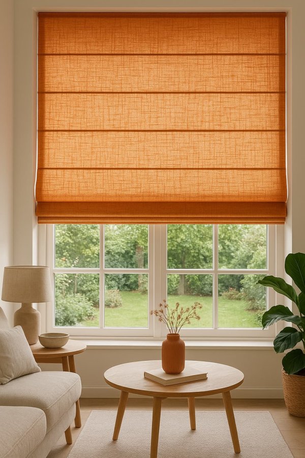 Interieur met vouwgordijnen in warme terratinten sfeerbeeld van de terra vouwgordijnen uit de saphira lijn