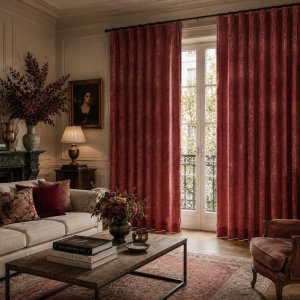 Oudroze chenille gordijnen uit de chenille krijt collectie in een klassiek interieur met gordijnen in plooi sfeerimpressie.
