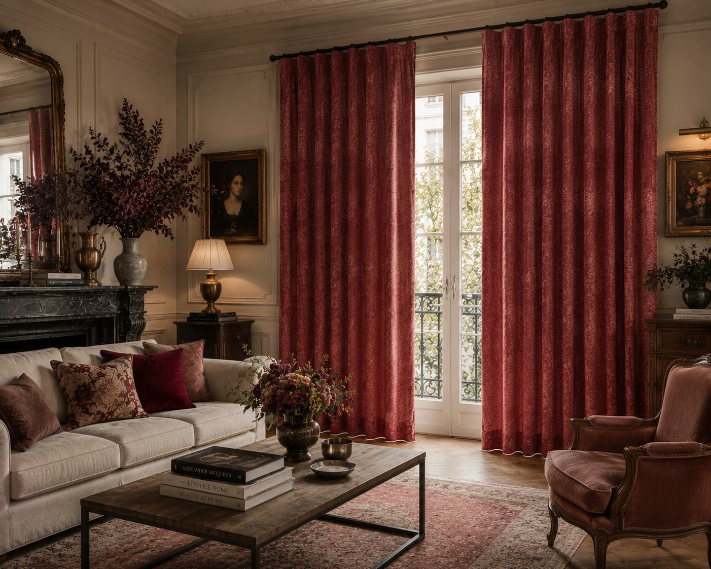 Oudroze chenille gordijnen uit de chenille krijt collectie in een klassiek interieur met gordijnen in plooi sfeerimpressie.