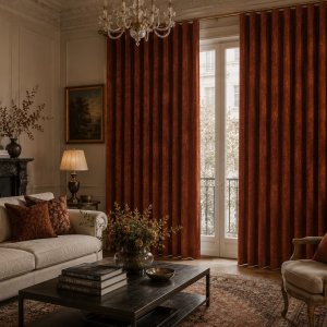 moderne woonkamer sfeerimpressie met terra chenille gordijnen in wave plooi