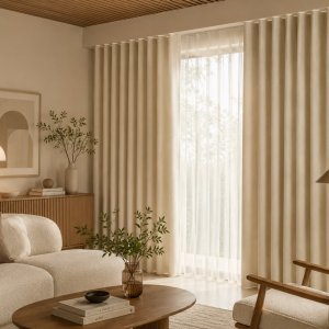 Crème chenille gordijnen in een Scandinavische interieur setting met wave plooi sfeerimpressie.