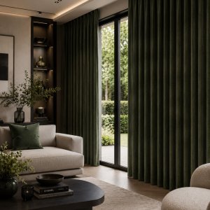 Groene chenille gordijnen in een luxe woonkamer met moderne inrichting, natuurlijke materialen en veel daglicht. Interieursetting met gordijnen in plooi.