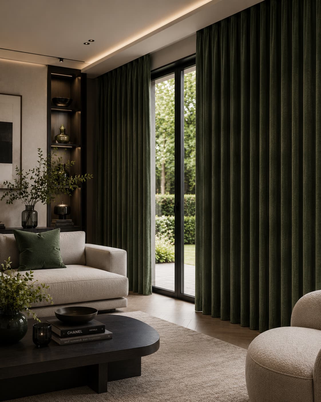 Groene chenille gordijnen in een luxe woonkamer met moderne inrichting, natuurlijke materialen en veel daglicht. Interieursetting met gordijnen in plooi.
