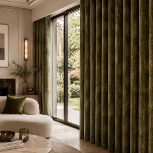 Groene chenille velvet gordijnen in een stijlvolle woonkamer met natuurlijke materialen en grote raampartijen. Interieursetting met wave plooi.
