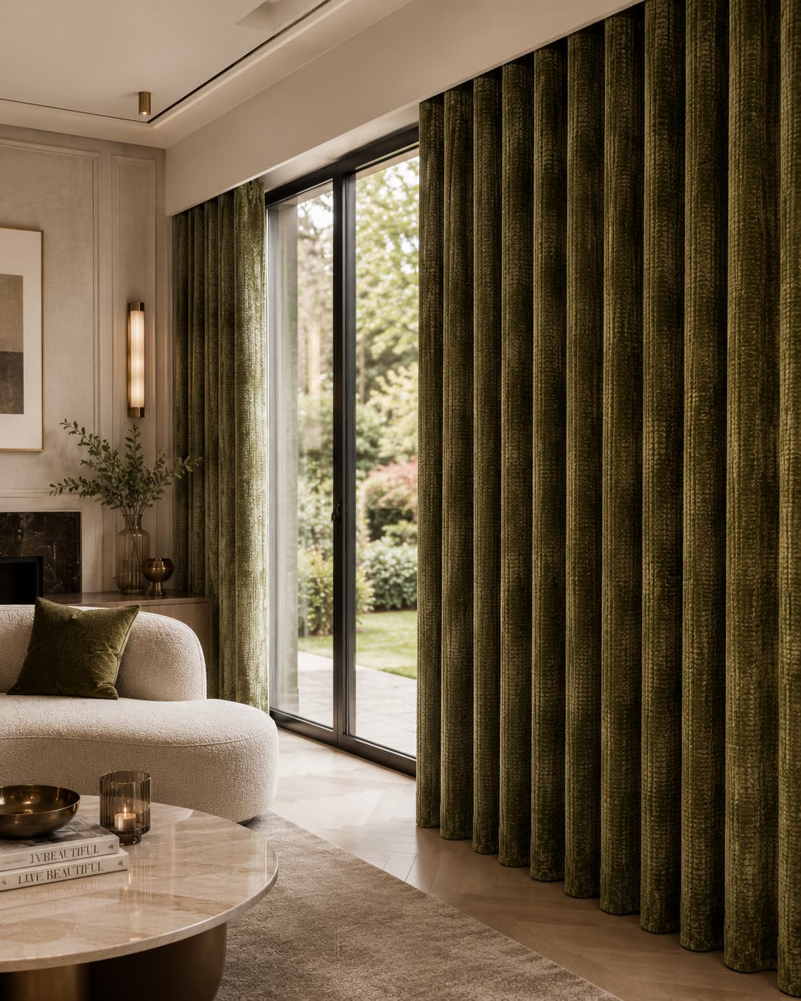Groene chenille velvet gordijnen in een stijlvolle woonkamer met natuurlijke materialen en grote raampartijen. Interieursetting met wave plooi.