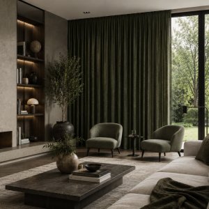 Donkergroene gordijnen uit de imperial collectie in een moderne woonkamer, sfeerimpressie van de gordijnen in een stijlvolle interieursetting.