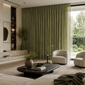 groene gordijnen uit de imperial colelctie moderne woonkamer sfeerimpressie van de gordijnen in een interieursetting