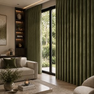 Zachtgroene chenille gordijnen in een luxe en modern interieur met lichte natuurlijke tinten en veel daglicht. Interieursetting met wave plooi.