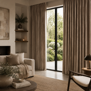 Soft taupe chenille gordijnen in een luxe en modern interieur met warme aardetinten, veel daglicht en een rustige uitstraling. Interieursetting met gordijnen in plooi.