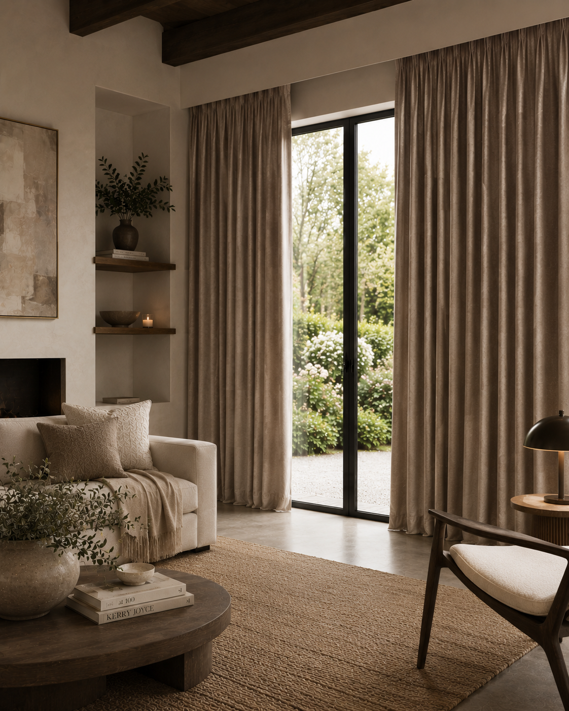 Soft taupe chenille gordijnen in een luxe en modern interieur met warme aardetinten, veel daglicht en een rustige uitstraling. Interieursetting met gordijnen in plooi.