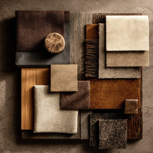 moodboard-espressobruin-interieur-inspiratie moodboard van donkerbruine gordijn stoffen welke gecombineerd worden met hout soortern en andere stalen van meubels.