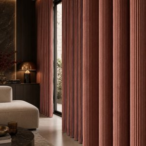 Oudroze ribstof gordijnen in een stijlvolle woonkamer met zachte kleuren en natuurlijke materialen. Sfeerimpressie met gordijnen in plooi.