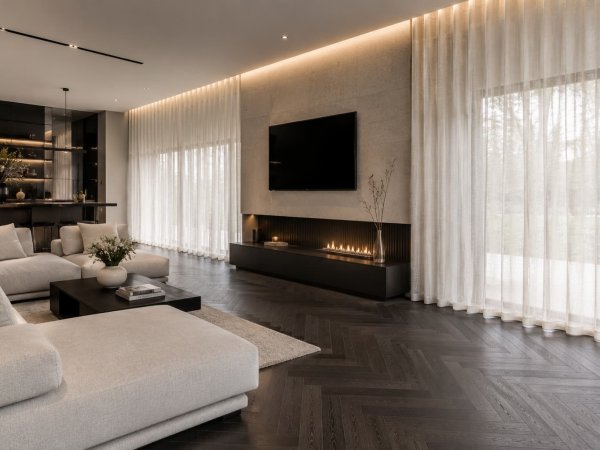 donkere-visgraatvloer-sfeerimpressie-creme-gordijnen Crème gordijnen in een woonkamer met donkere visgraatvloer en moderne inrichting sfeerimpressie conrast tussen licht en donker dat goed samengaat