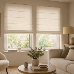 voorkleurige chenille vouwgordijnen als sfeerimpressie in een moderne woonkamer. De afbeelding laat zien hoe de zachte ivoortint als vouwgordijn in een interieur oogt.