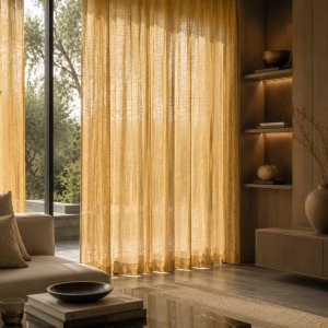 Okergele linnenlook vitrage met een subtiele onregelmatige weefstructuur in een lichte, modern ingerichte woonkamer. De transparante stof laat veel daglicht door en zorgt voor een warme, natuurlijke sfeer.